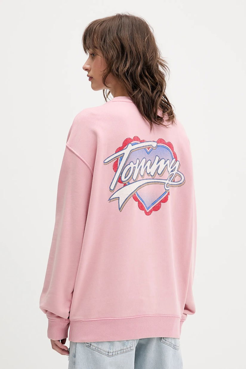Tommy Jeans hanorac de bumbac culoarea roz, cu imprimeu, DW0DW21602
