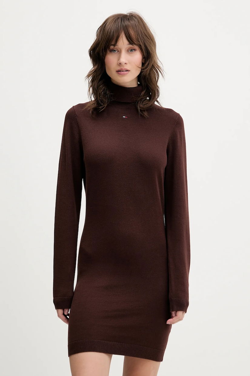 Tommy Jeans rochie din bumbac culoarea maro, mini, mulată, DW0DW21958