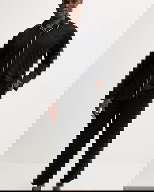 BOSS pijamale din amestec de lână culoarea negru, melanj, 50550554