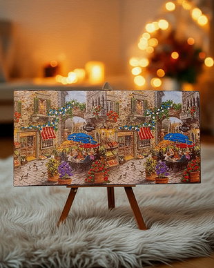 Tablou Pictat Manual  Terasă Italiană Rustică  Străduță cu Flori  32×16 cm