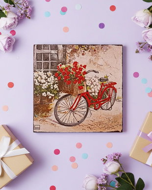Tablou Pictat Manual  Bicicletă Roșie cu Flori  16x16cm