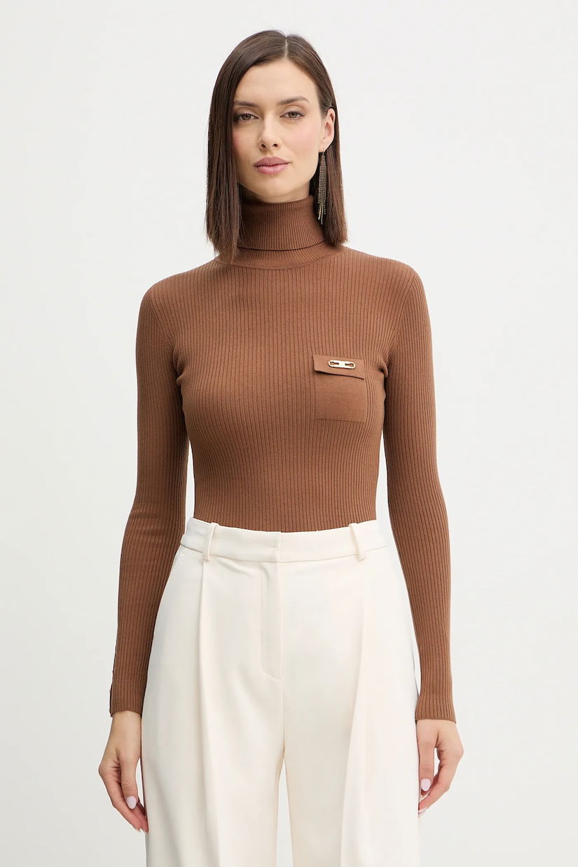 Elisabetta Franchi pulover din amestec de mătase culoarea maro, light, cu guler, MK11B56E2