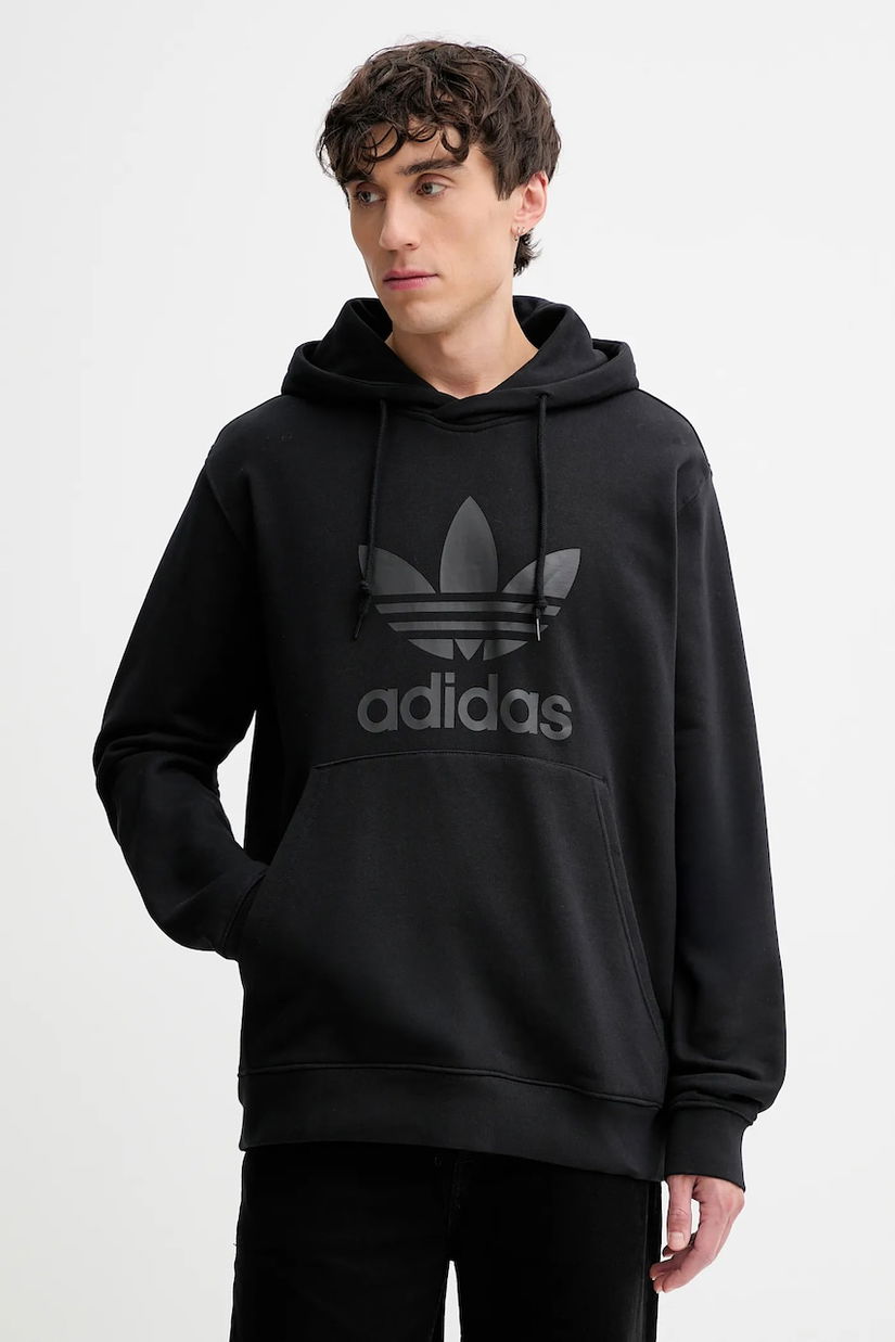 adidas Originals hanorac de bumbac Trefoil Hoody culoarea negru, cu glugă, cu imprimeu, JY3766