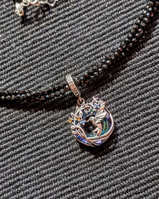 Colier argint X3 spinel negru charm argint colibri pasare ramura flori minimalist boho chic trendy - Transport gratuit