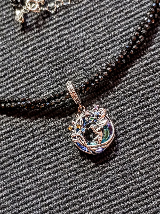 Colier argint X3 spinel negru charm argint colibri pasare ramura flori minimalist boho chic trendy - Transport gratuit
