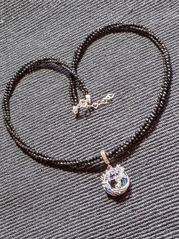 Colier argint X3 spinel negru charm argint colibri pasare ramura flori minimalist boho chic trendy - Transport gratuit