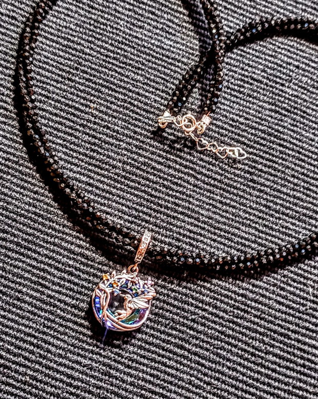 Colier argint X3 spinel negru charm argint colibri pasare ramura flori minimalist boho chic trendy - Transport gratuit