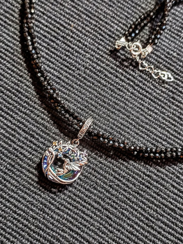 Colier argint X3 spinel negru charm argint colibri pasare ramura flori minimalist boho chic trendy - Transport gratuit