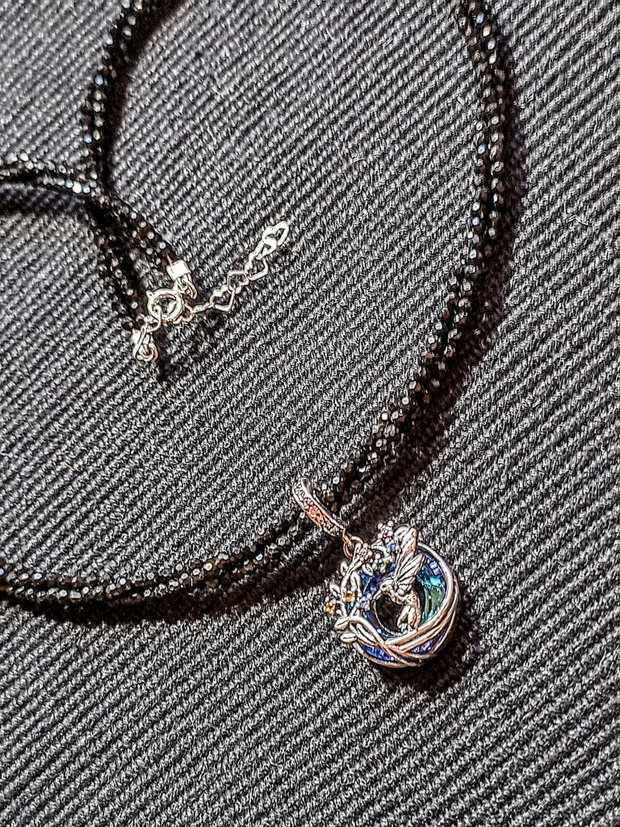 Colier argint X3 spinel negru charm argint colibri pasare ramura flori minimalist boho chic trendy - Transport gratuit