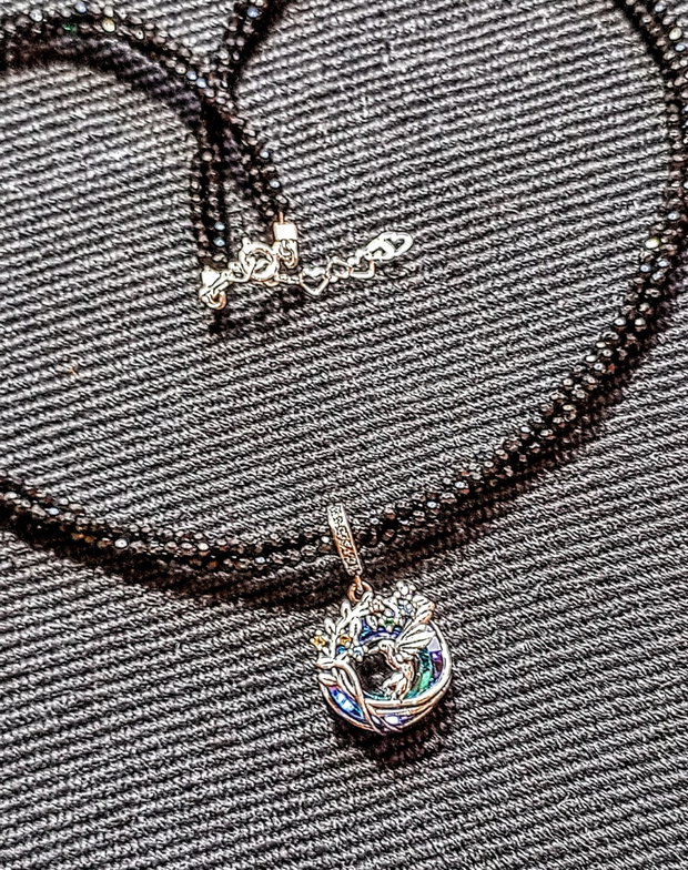 Colier argint X3 spinel negru charm argint colibri pasare ramura flori minimalist boho chic trendy - Transport gratuit
