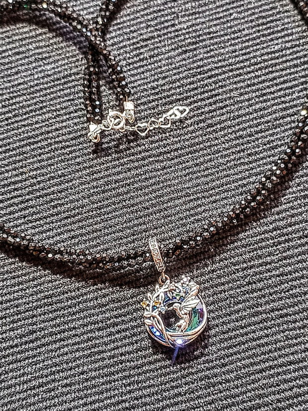 Colier argint X3 spinel negru charm argint colibri pasare ramura flori minimalist boho chic trendy - Transport gratuit