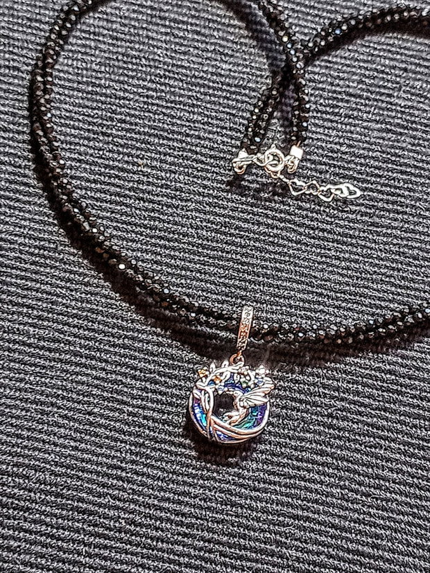 Colier argint X3 spinel negru charm argint colibri pasare ramura flori minimalist boho chic trendy - Transport gratuit