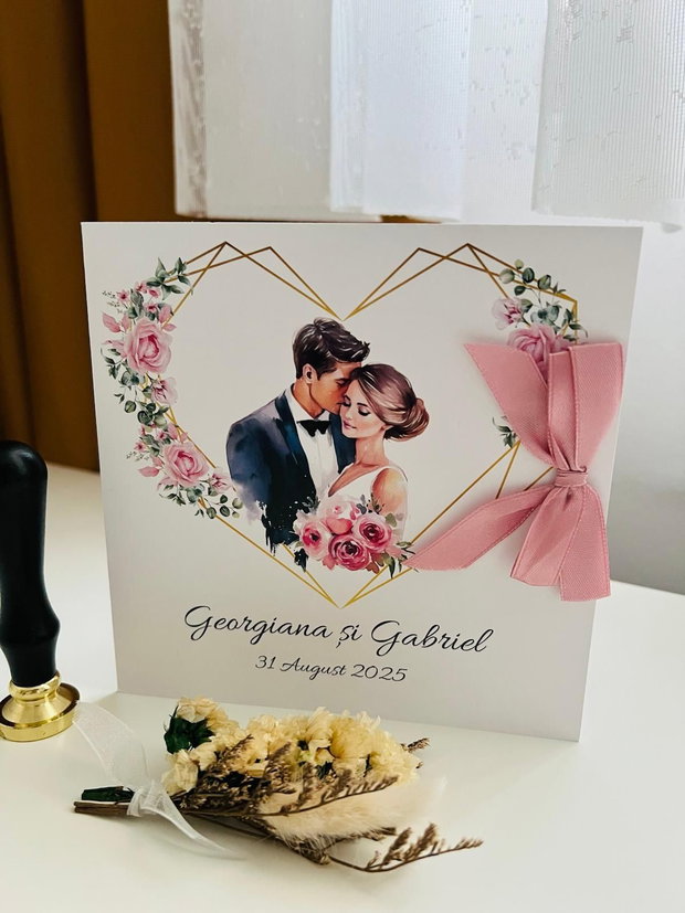 invitație personalizată cu fundiță roz