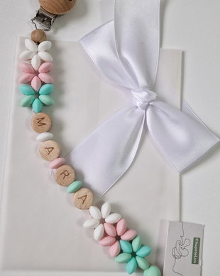 Lanț suzetă handmade pastel  ChupeteLuv, silicon alimentar, personalizat, bebeluși 0+