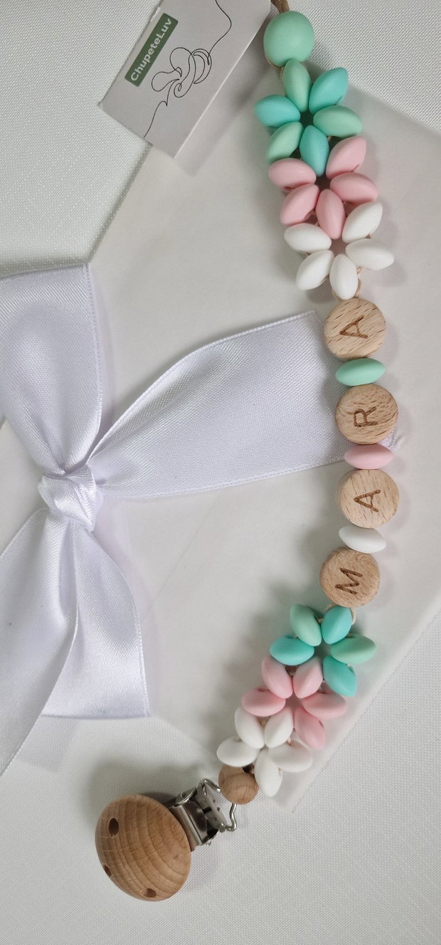 Lanț suzetă handmade pastel ChupeteLuv, silicon alimentar, personalizat, bebeluși 0+