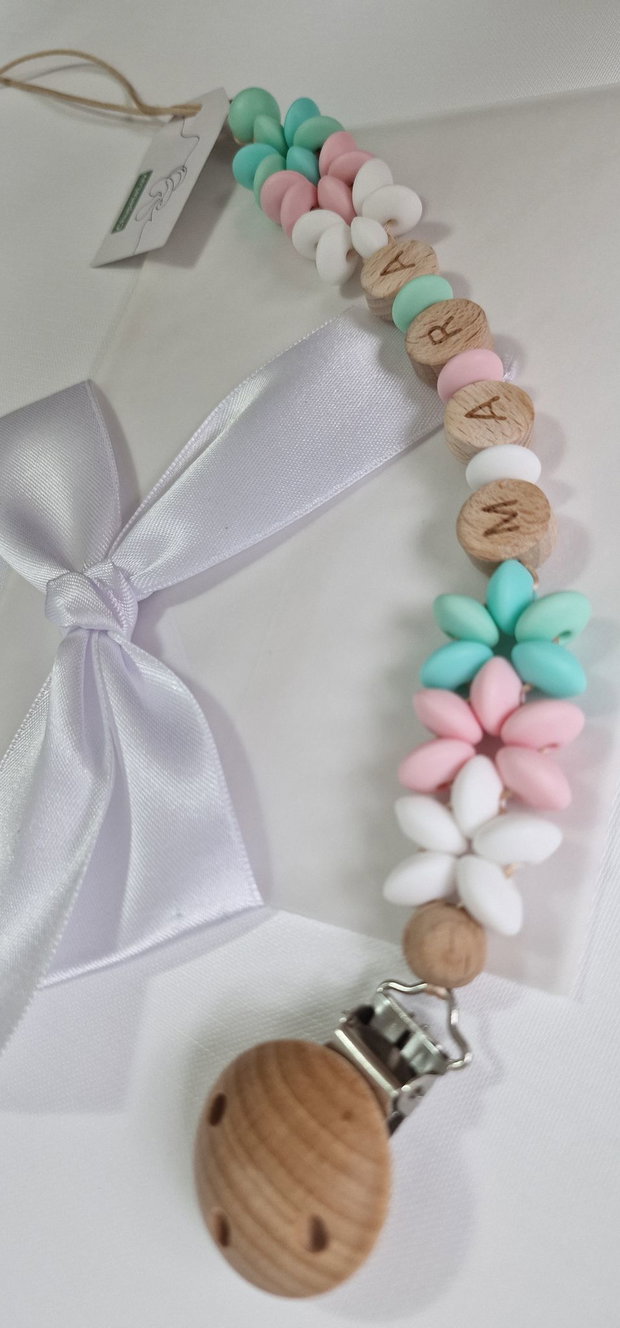 Lanț suzetă handmade pastel ChupeteLuv, silicon alimentar, personalizat, bebeluși 0+