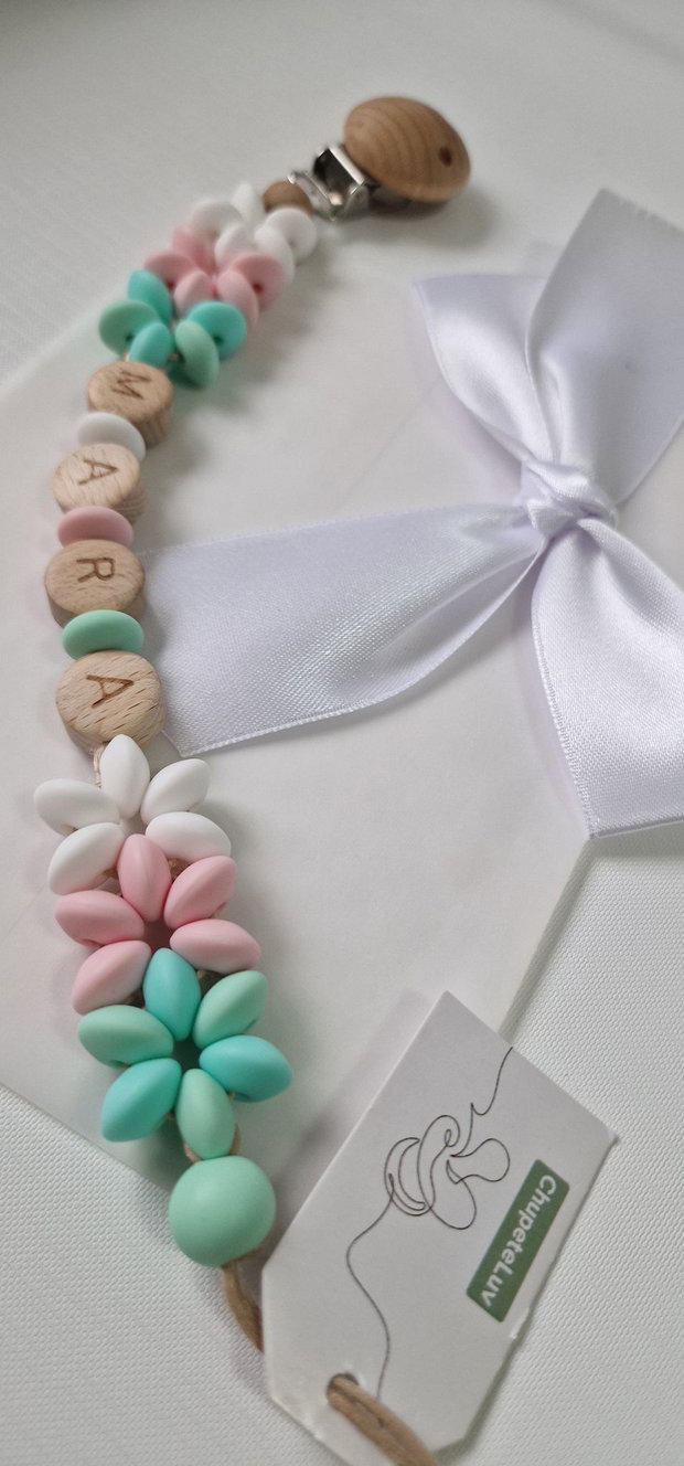 Lanț suzetă handmade pastel ChupeteLuv, silicon alimentar, personalizat, bebeluși 0+