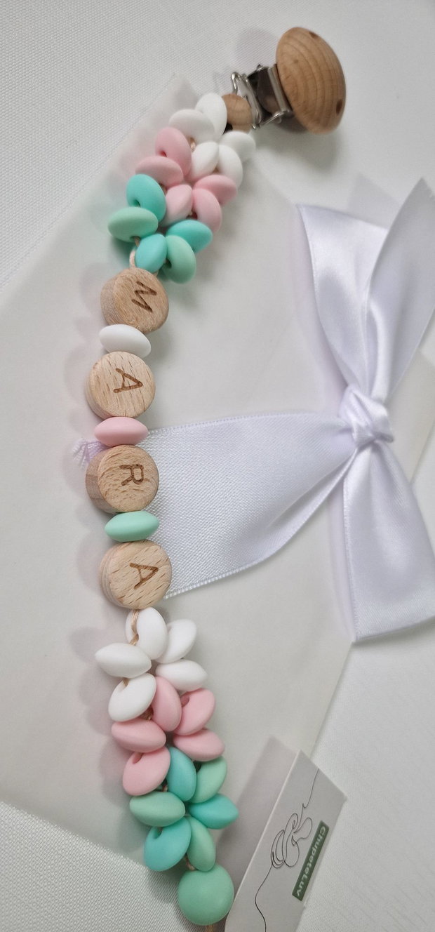 Lanț suzetă handmade pastel ChupeteLuv, silicon alimentar, personalizat, bebeluși 0+