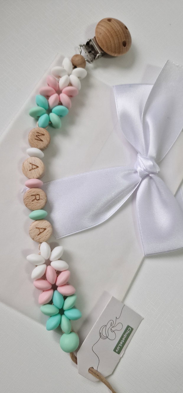 Lanț suzetă handmade pastel ChupeteLuv, silicon alimentar, personalizat, bebeluși 0+
