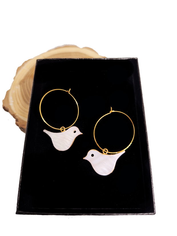Cercei "Bird" din argint placat cu aur 18 k si sidef