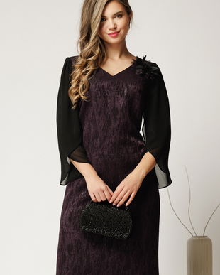 Rochie midi mov de ocazie cu fir lurex si floare