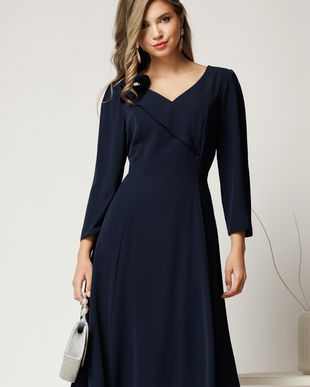 Rochie midi bleumarin din triplu voal cu floare si perle