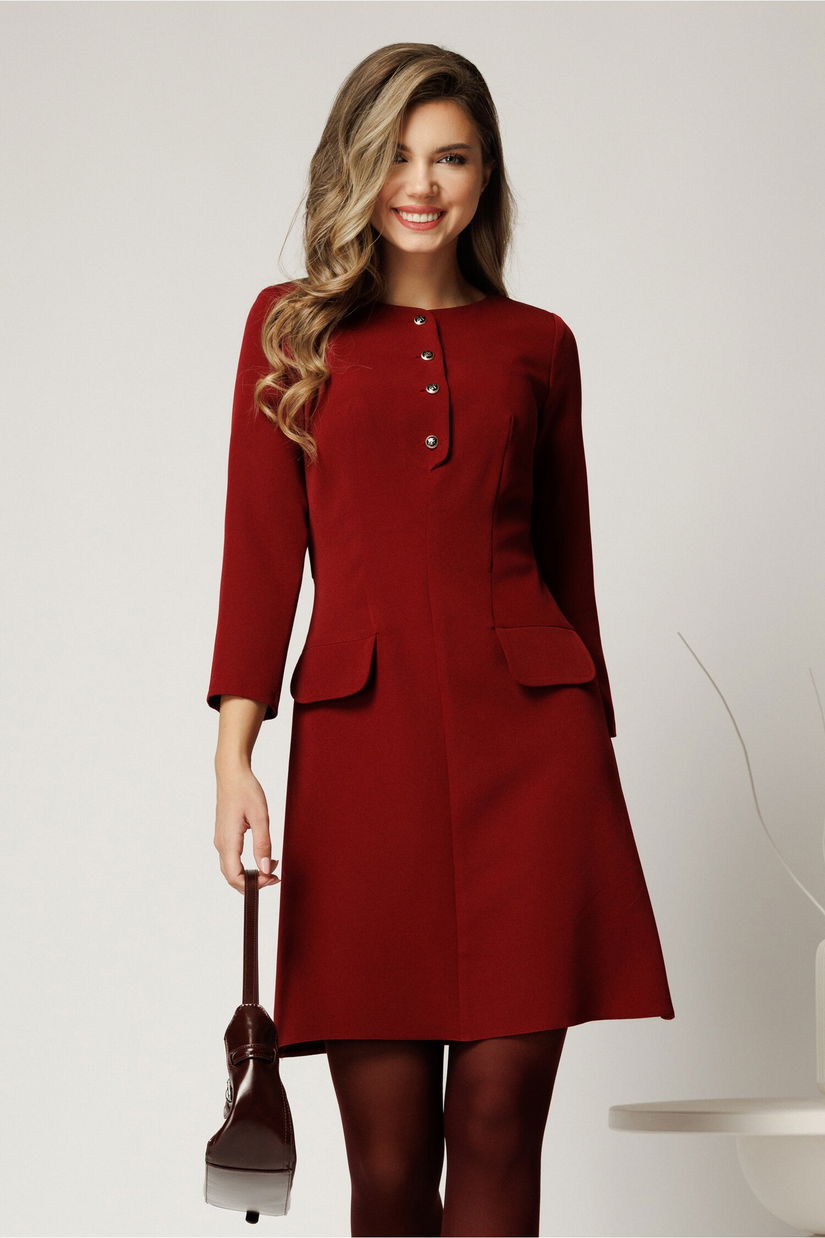 Rochie midi din stofa bordo cu nasturi la decolteu