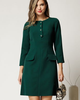 Rochie midi din stofa verde cu nasturi la decolteu