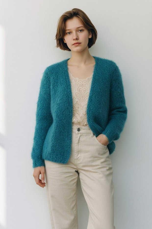 Jachetă/Cardigan Tricotat Manual din Mohair Eleganță și Confort la Superlativ