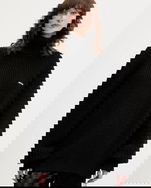 Rotate pulover din amestec de lână culoarea negru, călduros, cu guler, 114734100