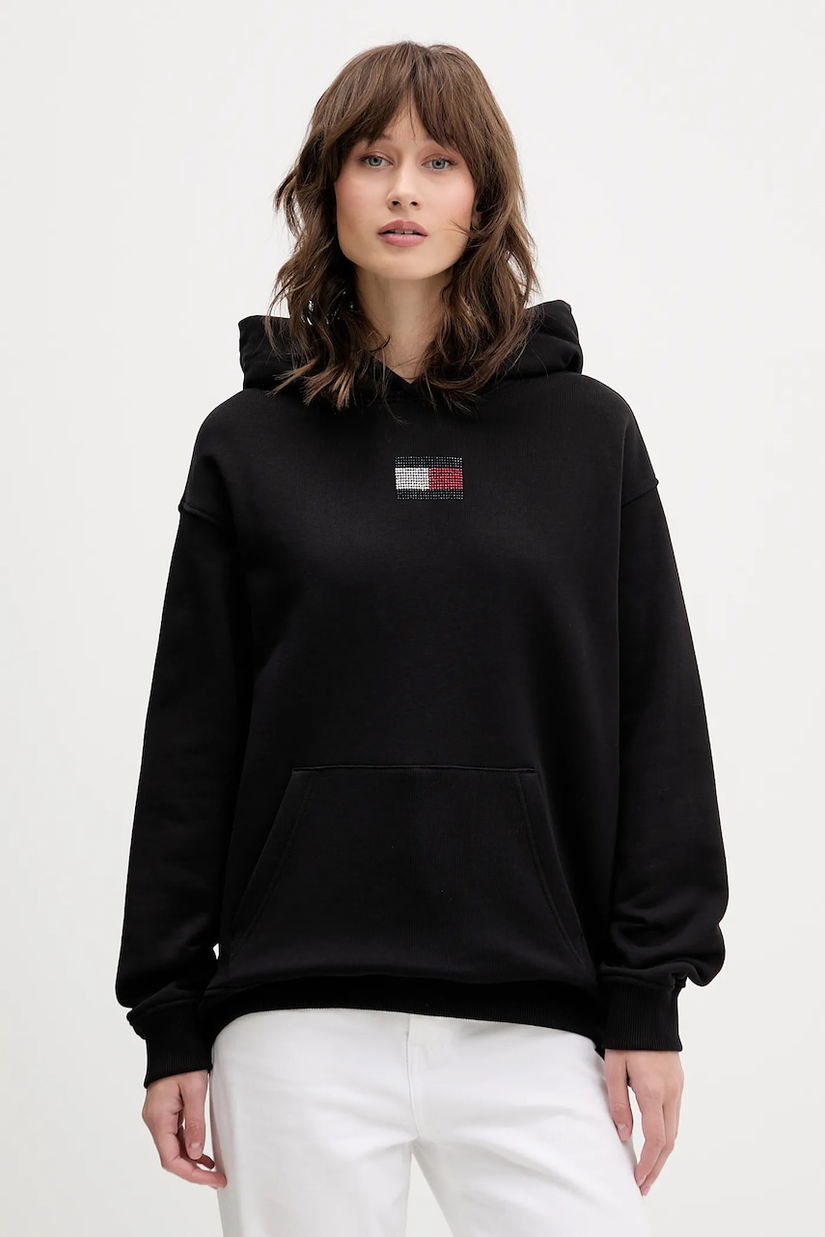 Tommy Jeans hanorac de bumbac culoarea negru, cu glugă, cu imprimeu, DW0DW21605