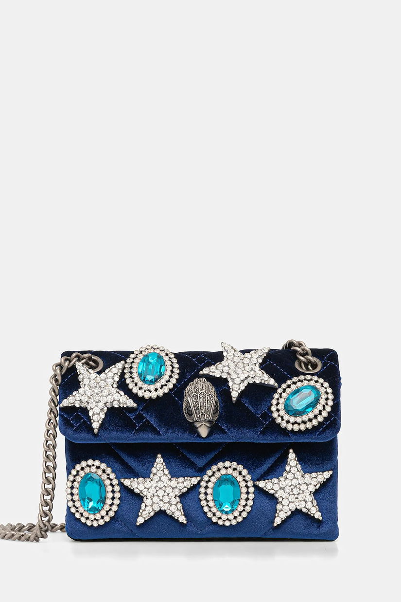 Kurt Geiger London geantă de mână din catifea VELVET MINI KENSINGTON culoarea bleumarin, 5018780789
