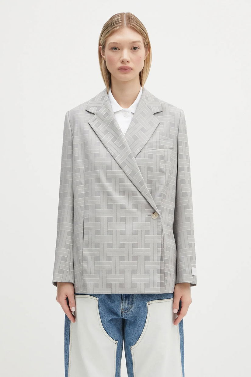 Kenzo geacă de lână culoarea gri, cu doua randuri de nasturi, cu imprimeu, FF52VE2589JW.93