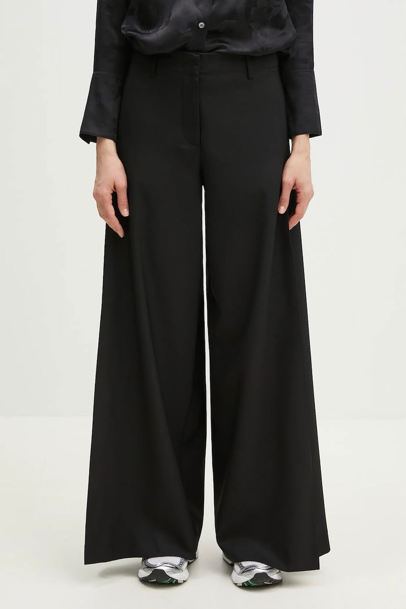 Kenzo pantaloni de lână femei, culoarea negru, lat, high waist, FF52PA0999RA.99