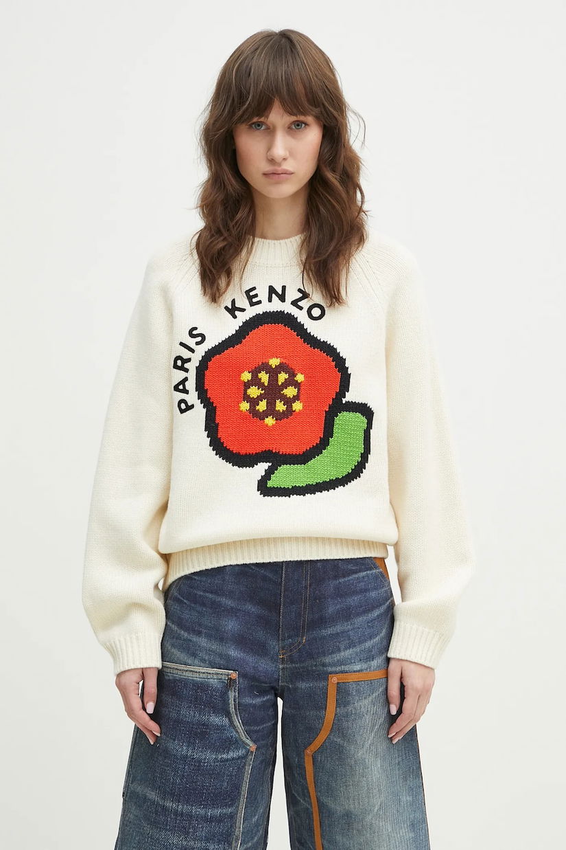 Kenzo pulover de lână Pop femei, culoarea bej, călduros, FF52PU7043LA.02