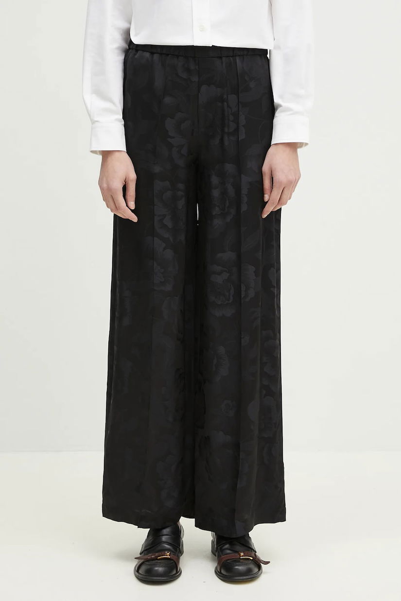 Kenzo pantaloni de mătase femei, culoarea negru, lat, high waist, FF52PA0849JR.99