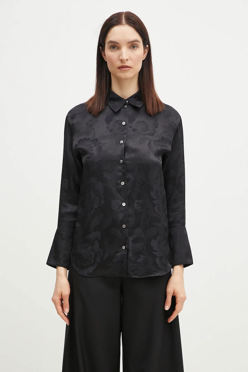 Kenzo cămașă de mătase femei, culoarea negru, cu guler clasic, regular, FF52CH2549JR.99