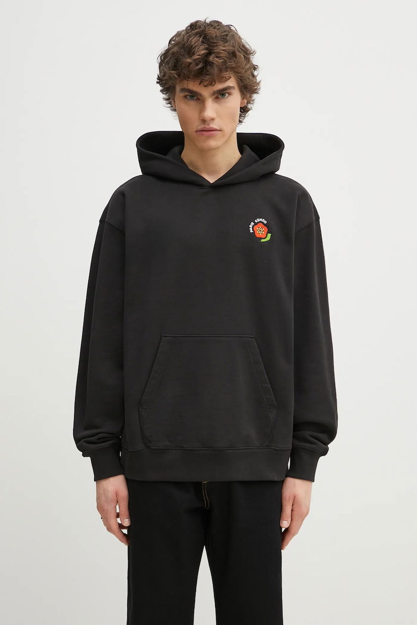 Kenzo hanorac de bumbac barbati, culoarea negru, cu glugă, cu imprimeu, FF55SW2754MC.99J