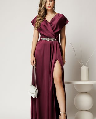 Rochie lunga de seara din tafta mov pruna cu accesoriu pe talie