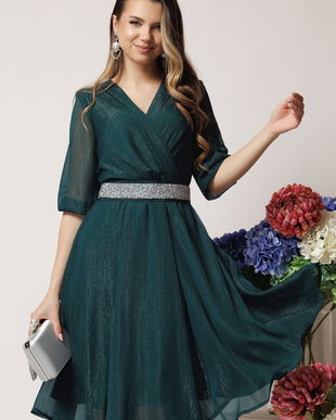 Rochie DY Fashion eleganta din voal verde inchis cu fir stralucitor si cordon
