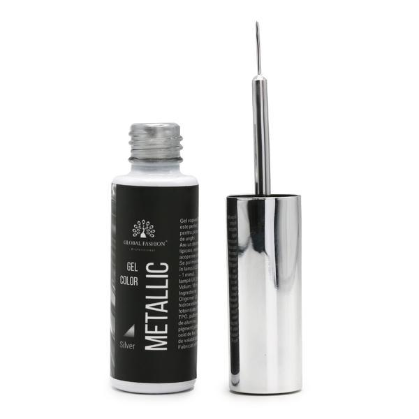Vopsea gel cu pensulă fina Metalic Gel, efect de oglindă, Global Fashion, Silver, 10 ml