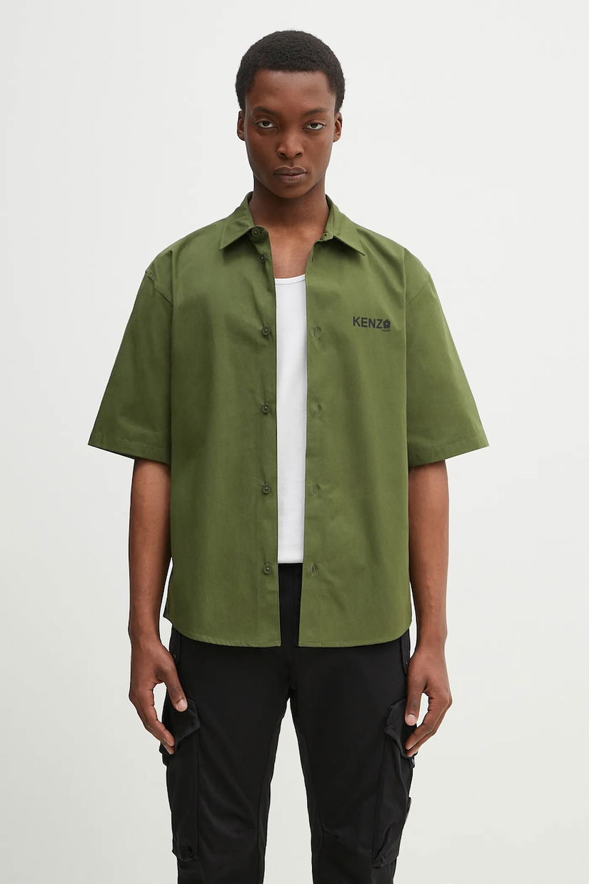 Kenzo cămașă din bumbac bărbați, culoarea verde, cu guler clasic, relaxed, FF55CH1299LP.50