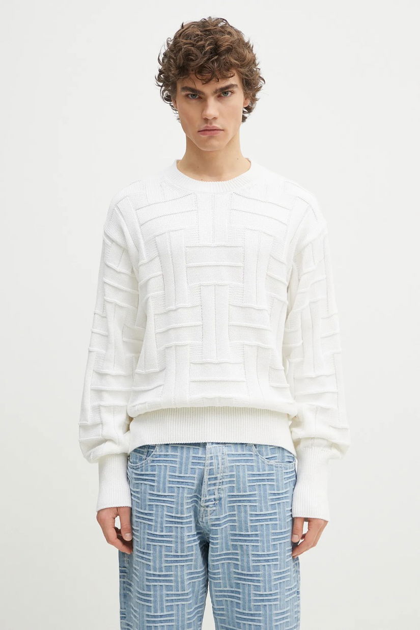 Kenzo pulover de bumbac Weave barbati, culoarea alb, călduros, FF55PU7083CB.02