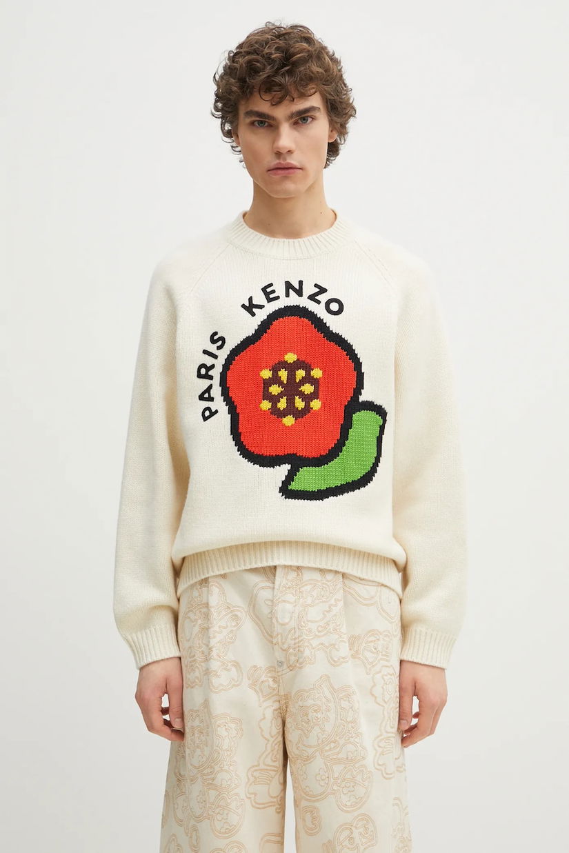 Kenzo pulover de lana Pop barbati, culoarea bej, călduros, FF55PU7223LA.02