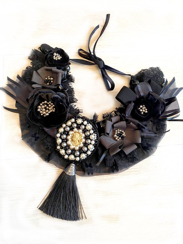 Colier statement '' Brosa cu camee"・Colier cu mix margele negre・Colier statement negru