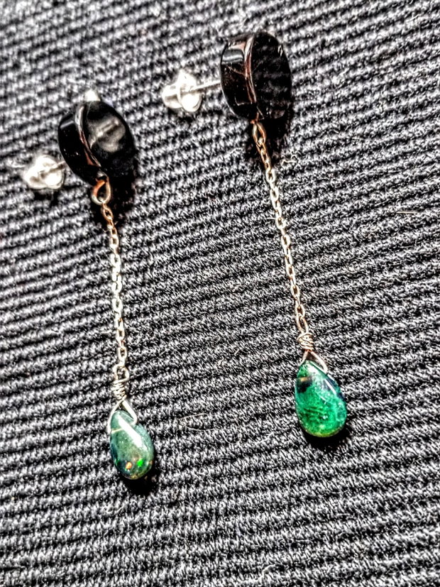 Cercei argint opal de foc etiopian negru onix negru tija lant argint minimalisti boho chic trendy - Transport gratuit