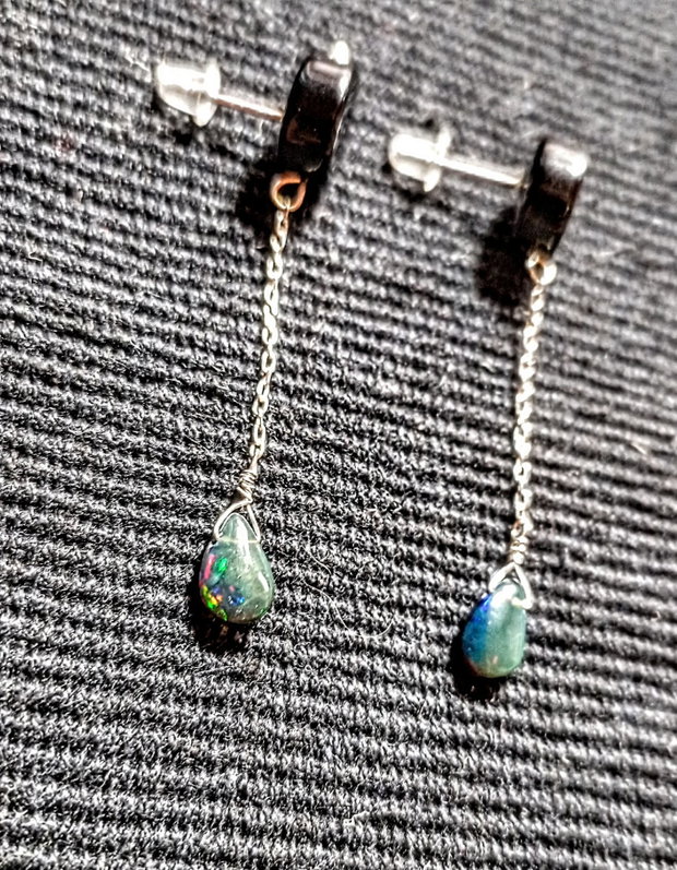 Cercei argint opal de foc etiopian negru onix negru tija lant argint minimalisti boho chic trendy - Transport gratuit