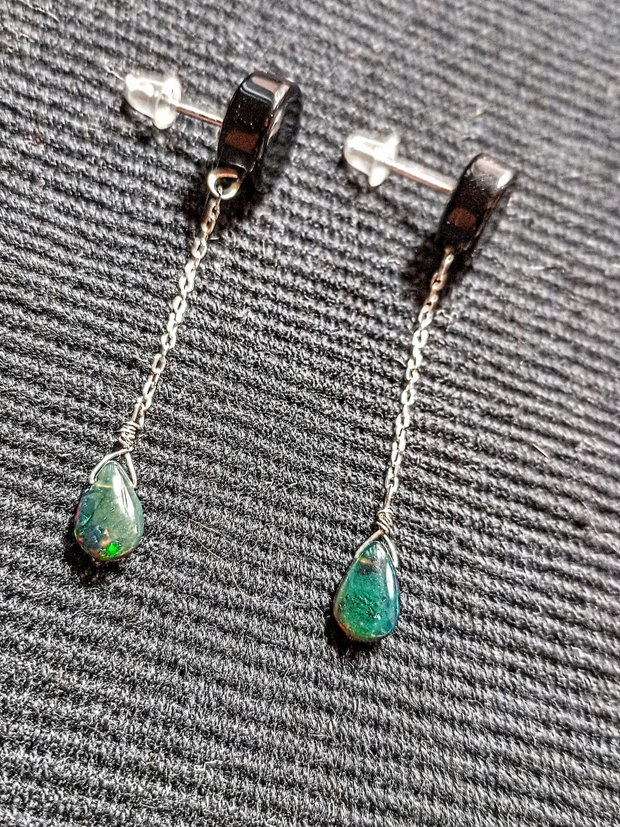 Cercei argint opal de foc etiopian negru onix negru tija lant argint minimalisti boho chic trendy - Transport gratuit