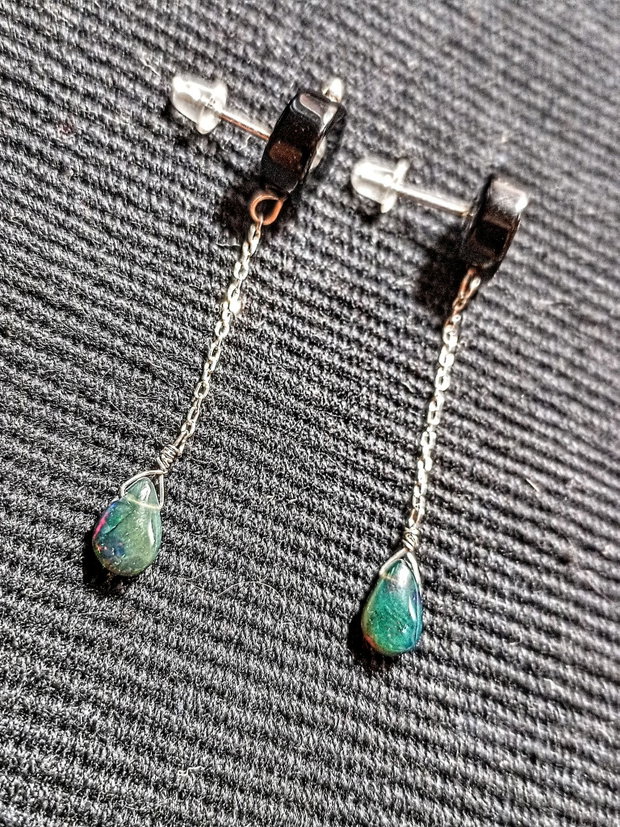 Cercei argint opal de foc etiopian negru onix negru tija lant argint minimalisti boho chic trendy - Transport gratuit