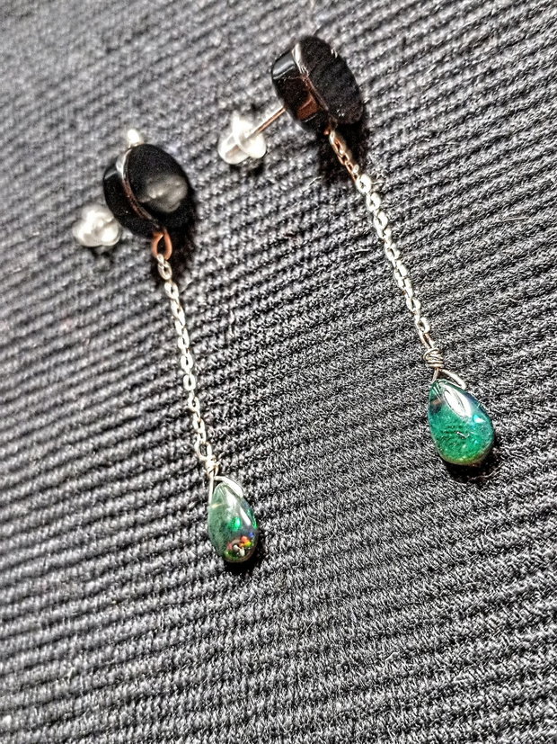 Cercei argint opal de foc etiopian negru onix negru tija lant argint minimalisti boho chic trendy - Transport gratuit